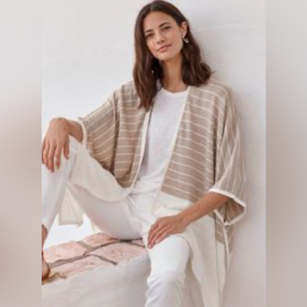 Garnet Hill Solstice Linen Ruana Sweater Knit Open Front Poncho Cardigan